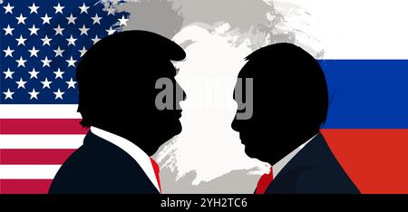 Donald Trump und Wladimir Putin vor dem Hintergrund der russischen und US-amerikanischen Flagge. Stockfoto