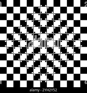 Gewölbte Schachbrettmuster geometrisch-optische Illusion. Das Schachbrett ist vollständig regelmäßig und besteht aus schwarzen und weißen Quadraten mit geraden Seitenlinien. Stockfoto