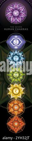 7 Chakra-Symbole für Meditation, Energieheilung. Leistungsstarkes vertikales Chakra-Banner. Stockfoto