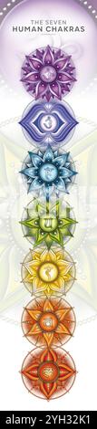 7 Chakra-Symbole für Meditation, Energieheilung. Leistungsstarkes vertikales Chakra-Banner. Stockfoto