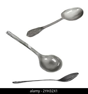 Teelöffel verchromt Aquarell digitale Illustration. Küchenbesteck isoliert auf weißem Hintergrund. Silber- und Metalllöffel für Tee und Kaffee, Küche Stockfoto