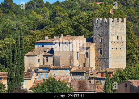 Blick auf das Dorf Esparron-de-Verdon und das Chateau d'Esparron in den Schluchten des Verdon, Provence, Frankreich. Stockfoto