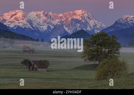 Hütte und Wiese vor Bergkette, Morgenlicht, Frühling, Schnee, Blick auf die Zugspitze, Ohlstadt, Alpenvorland, Bayern, Deutschland, Europa Stockfoto