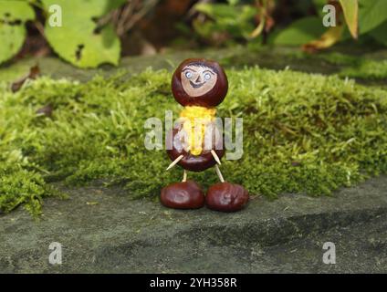 Lustige Kastanienfigur an der Wand mit gelbem Schal, Nordrhein-Westfalen, Deutschland, Europa Stockfoto