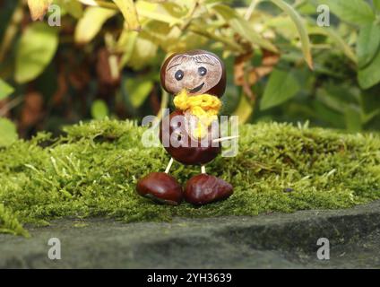 Lustige Kastanienfigur an der Wand mit gelbem Schal, Nordrhein-Westfalen, Deutschland, Europa Stockfoto