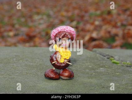 Lustige Kastanienfigur mit Mütze und gelbem Schal an der Wand, Nordrhein-Westfalen, Deutschland, Europa Stockfoto