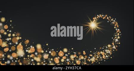 Leuchtender Stern Weihnachten Hintergrund Shooting Star wünschen sich goldene Glitzer Lichter Bokeh Partikel schwarzen Hintergrund Kopierraum Stockfoto