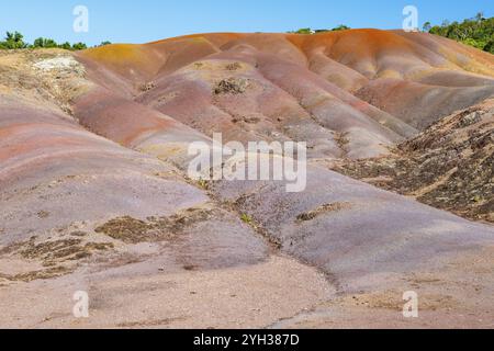 Sieben farbige Erde, siebte farbige Erde, Mineralien, Geopark, Terres des Couleurs, Chamarel, Indischer Ozean, Insel, Mauritius, Afrika Stockfoto