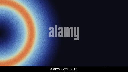 Abstrakter genarbter Hintergrund leuchtender Farbverlauf blau orange rot leuchtender Kreis Ring Rahmen Rauschen Textur schwarzes Banner Poster Design Stockfoto
