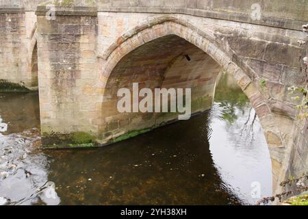 Wasser fließt unter einer bogenförmigen Steinbrücke in Matlock, Derbyshire, Großbritannien Stockfoto