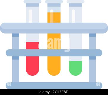 Farbenfrohe Reagenzgläser mit chemischen Flüssigkeiten in einem Laborgestell stellen ein wissenschaftliches Experiment, eine Analyse oder eine Forschungsaktivität dar Stock Vektor
