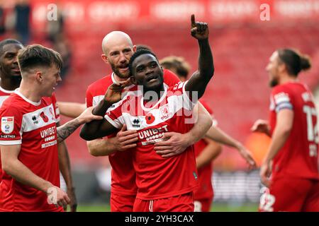 Emmanuel Latte Lath von Middlesbrough feiert das zweite Tor ihrer Mannschaft während des Sky Bet Championship Matches im Riverside Stadium, Middlesbrough. Bilddatum: Samstag, 9. November 2024. Stockfoto