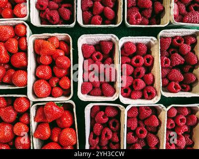 Frische, lokal angebaute rote Himbeeren und Erdbeeren auf einem Bauernmarkt in Frankfurt. Stockfoto