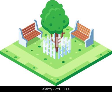 Zwei leere Bänke laden zum Entspannen im Schatten eines Laubbaums ein, umgeben von einem weißen Streifenzaun in einem isometrischen Stadtpark, was daran erinnert Stock Vektor
