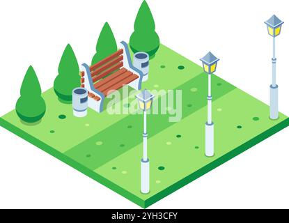 Ruhiger Stadtpark mit einer Holzbank, Lampen und Abfalleimer auf üppig grünem Gras unter hohen Bäumen. Sauber, organisiert und einladend für Outdoor-Genuss Stock Vektor