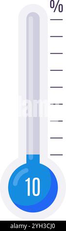 Thermometer mit blauer Flüssigkeit, die zehn Prozent anzeigt, ideal für niedrige Prozentsätze, Leistung oder Messungen Stock Vektor