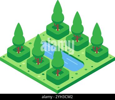 Grüne isometrische Parklandschaft mit Bäumen und Büschen, die um einen kleinen Fluss wachsen, der durch den Fluss fließt, schafft eine friedliche und entspannende natürliche Umgebung Stock Vektor