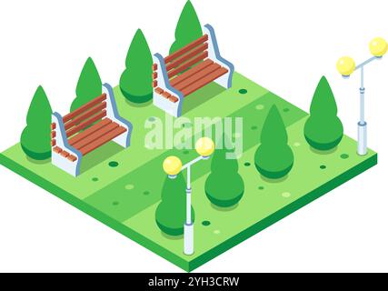 Isometrische Stadtparkszene mit Holzbänken, üppig grünen Bäumen und modernen Straßenlaternen, die städtische Erholung und Freizeit im Freien darstellen Stock Vektor