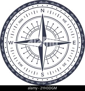 Detaillierte Vektor-Illustration einer Vintage-Kompassrose, einschließlich aller Himmelsrichtungen und Markierungen, mit dekorativer Umrandung, die ein Gefühl von vermittelt Stock Vektor