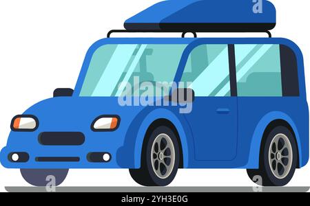 Kleines blaues Auto mit Dachträger und Frachtbox, geparkt und bereit für einen Familienurlaub oder Roadtrip, repräsentiert Reise, Abenteuer und Stock Vektor