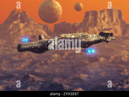 Frachtraumschiff fliegt über die Planetenoberfläche. Raumfahrterkundungskonzept. 3D-Abbildung Stockfoto