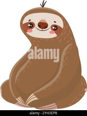 Karikaturillustration eines niedlichen lächelnden Faultchens, der mit überkreuzten Beinen sitzt und einen Moment der Entspannung und Ruhe genießt Stock Vektor