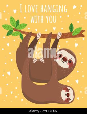 Zwei lächelnde Faultiere hängen kopfüber von einem Baumzweig auf gelbem Hintergrund mit weißen Herzen, zeigen Zuneigung und drücken ihre Liebe aus Stock Vektor