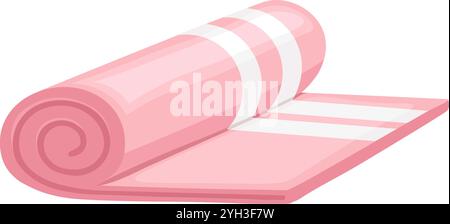 Die gerollte rosafarbene Yoga- oder Pilatesmatte mit weißen Streifen ist teilweise abgerollt, wodurch eine abgewinkelte Ecke entsteht und die weiche, gepolsterte Oberfläche sichtbar wird, perfekt Stock Vektor