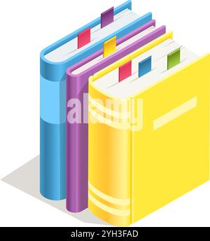 Drei farbenfrohe Bücher, blau, lila und gelb, stehen aufrecht mit Lesezeichen, die eine isometrische Perspektive auf Organisation und bieten Stock Vektor