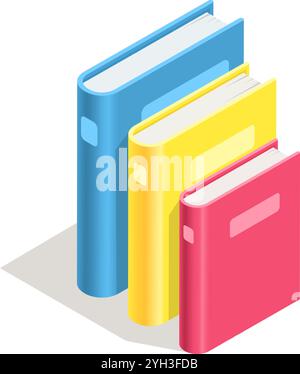 Drei bunte Bücher, blau, gelb und rot, stehen aufrecht. einen Schatten in einer isometrischen Ansicht zu werfen, der Lernen, Wissen und die Freude an symbolisiert Stock Vektor