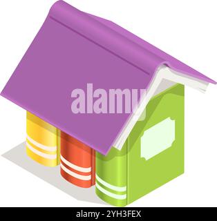 Das offene Buch dient als Dach und schützt drei bunte Bücher darunter, wodurch ein gemütliches und einladendes Bild von Wissen und Lernen in diesem Isometrie entsteht Stock Vektor