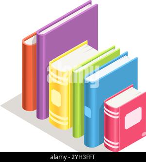 Hardcover-Bücher mit farbenfrohen Einlagen stehen aufrecht und erzeugen einen optisch ansprechenden Verlaufseffekt mit unterschiedlichen Größen und leuchtenden Farbtönen Stock Vektor