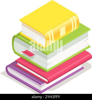 Vier farbenfrohe Bücher stapeln sich übereinander und bilden einen lebendigen und einladenden Turm, der das Streben nach Wissen und die Freude des Menschen symbolisiert Stock Vektor
