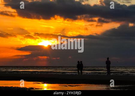 Isle Of Palms, Usa. November 2024. Touristen, die von Sonnenaufgang umgeben sind, stehen bei Ebbe auf einer Sandbank und beobachten den Sonnenaufgang über dem Atlantikhorizont am Front Beach, 9. November 2024 in Isle of Palms, South Carolina. Sonniges Wetter in den 70er Jahren wird für das niedere Land für die nächsten zehn Tage prognostiziert. Quelle: Richard Ellis/Richard Ellis/Alamy Live News Stockfoto