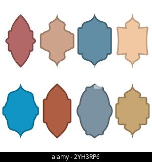 Vektor-arabische Fenster. Islamische Fenster und Bögen im orientalischen Stil mit modernem Design, Mond, Moschee-Kuppel und Laternen. Stock Vektor