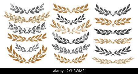 Baumverzweigungen mit festgelegten Leaves Design-Elementen. Blumenmuster, Zierpflanzen, Trennwände, Rahmen Stock Vektor