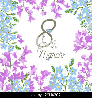 Glückwunschkarte zum Frauentag. Postkarte am 8. März mit Blumen. Handgezeichnet. Nicht AI, Vektorillustration Stock Vektor