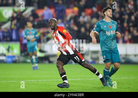 London, Großbritannien. November 2024. London, England, 9. Oktober 2024: Yoane Wissa (11 Brentford) feiert, nachdem er während des Premier League-Spiels zwischen Brentford und Bournemouth im Gtech Community Stadium in London, England (Alexander Canillas/SPP) ein Tor geschossen hat. /Alamy Live News Stockfoto