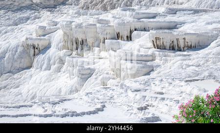 Pamukkale ist ein Naturgebiet in Denizli im Südwesten der Türkei. Die Gegend ist berühmt für ein Karbonat-Mineral, das durch das Fließen des Thermalwassers hinterlassen wird Stockfoto