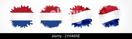 Set mit grungy Spots mit Flagge der Niederlande innen und Schnittmaske. Kreative Tintenformen. Pinselstriche Stil Grafik isolierte Falg of Holland. Stock Vektor