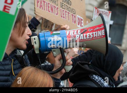 London, Großbritannien. November 2024. Pro-palästinensischer Unterstützer, der Megaphon beim National March for Palestine Protest in London einsetzt und Gerechtigkeit für Palästina und für die Regierung fordert, die Kämpfe zu beenden. Stockfoto
