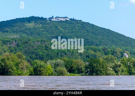 Bonn, Deutschland - 21. Mai 2024 : Blick auf den überfluteten Rhein und das Hotel Petersberg auf der Bergspitze Stockfoto