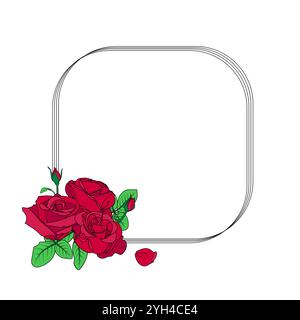 Eleganter Blumenrahmen. Rosenstrauß, Knospen, Knöpfe, Blütenblätter, Blätter. Stock Vektor