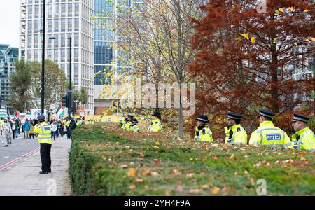 London, Großbritannien. November 2024. Polizeibeamte der Metropolitan Police im Dienst, die während der Protestdemonstration des National March for Palestine den Umkreis der US-Botschaft in London schützen. Stockfoto