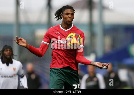 Birkenhead, Großbritannien. November 2024. Kyle Hudlin aus Newport County in Aktion. EFL Skybet Football League Two Match, Tranmere Rovers gegen Newport County, Prenton Park, Birkenhead, Wirral am Samstag, den 9. November 2024. Dieses Bild darf nur für redaktionelle Zwecke verwendet werden. Nur redaktionelle Verwendung, .PIC von Chris Stading/ Credit: Andrew Orchard Sportfotografie/Alamy Live News Stockfoto