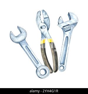 Zwei Schraubenschlüssel und eine verstellbare Zange Clipart. Handgemalte Handwerker Instrumente Aquarellillustration. Ideal für Werkzeugartikel, DIY-Branding oder professionelle Hardware-Kataloge Stockfoto