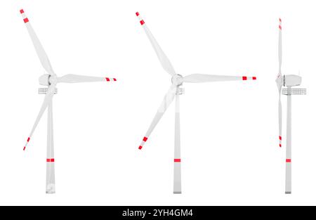 Windkraftanlage, Front- und Seitenansicht. 3D-Rendering isoliert auf weißem Hintergrund Stockfoto