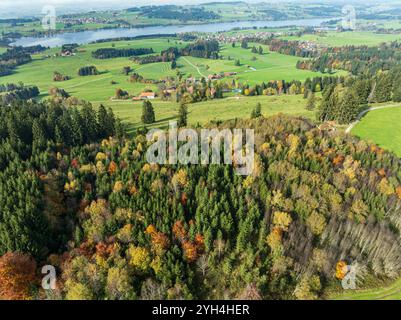 Bergkette bei Wertach, Blick auf den Rottachsee, Luftsicht, Herbstfarben, Allgäu, Bayern, Deutschland Stockfoto