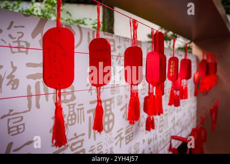 Rote Tags mit Quasten hängen an Strings, die an einer Wand mit großen chinesischen Schriftzeichen stehen, wahrscheinlich in einem Tempel oder einer kulturellen Stätte in Shanghai. Stockfoto