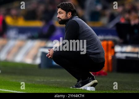 Wolverhampton, Großbritannien. November 2024. WOLVERHAMPTON, ENGLAND – 9. NOVEMBER: Der Cheftrainer von Southampton FC, Russell Martin, blickt am 9. November 2024 in Wolverhampton in Molineux auf das Premier League-Spiel zwischen Wolverhampton Wanderers FC und Southampton FC. (Foto: Rene Nijhuis/MB Media) Credit: MB Media Solutions/Alamy Live News Stockfoto